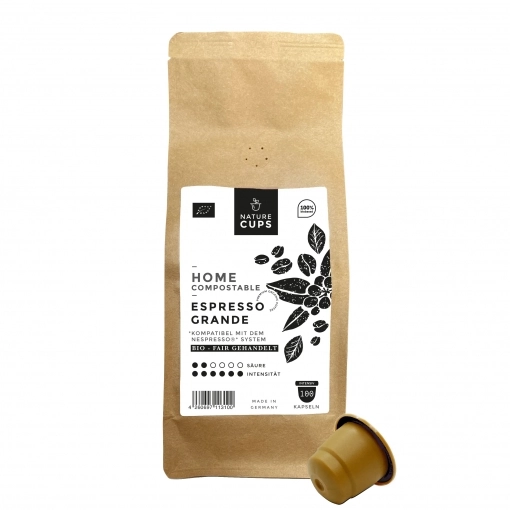 NatureCups kompostierbare Kaffeekapseln kompatibel mit Nespresso - Bio Espresso Grande 100er Tüte