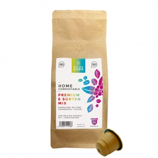 NatureCups kompostierbare Kaffeekapseln kompatibel mit Nespresso - Premium 6 Sorten Mix 30er Tüte