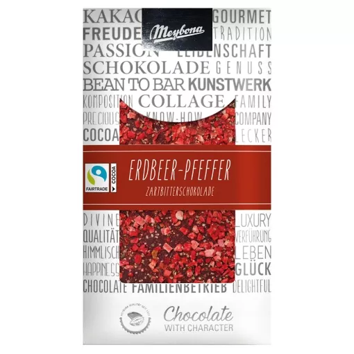 Meybona Collage Zartbitterschokolade Erdbeer-Pfeffer 50% mit Fairtrade Kakao ~ 100g