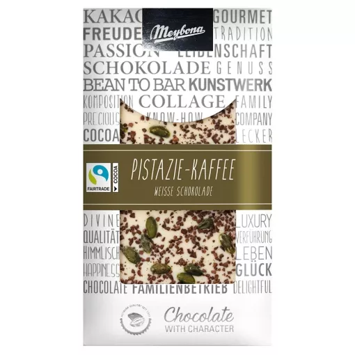 Meybona Collage Weiße Schokolade Pistazie-Kaffee 31% mit Fairtrade Kakao ~ 100g