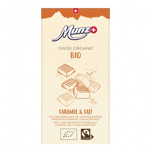 Munz Swiss Premium Bio & Fairtrade Organic Milchschokolade Caramel & Salt 34% Cacao ~ 100 g
