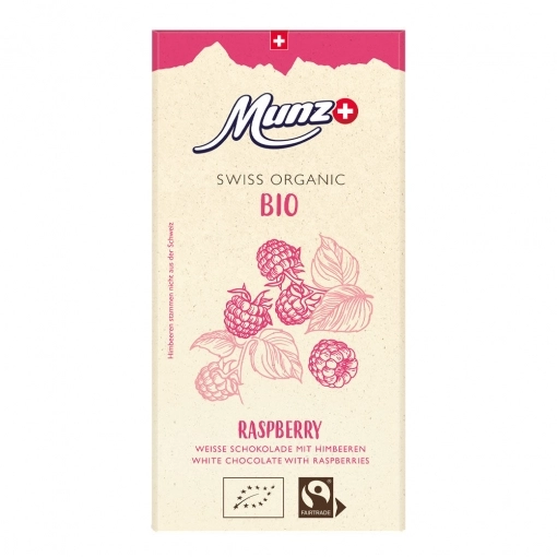 Munz Swiss Premium Bio & Fairtrade Organic Himbeere Weiße Schokolade 34% Cacao ~ 100 g