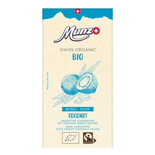 Munz Swiss Premium Bio & Fairtrade Organic Dark Zartbitter Schokolade mit Kokosfüllung 60% Cacao ~ 100 g